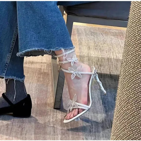 Elegant Crystal-Embellished Gladiator Sandals with Butterfly Detail for Summer Parties and Prom